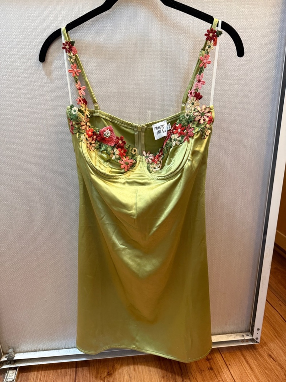 Green Satin Slip Dress with Floral Embroidered Straps - Picture 2 of 7